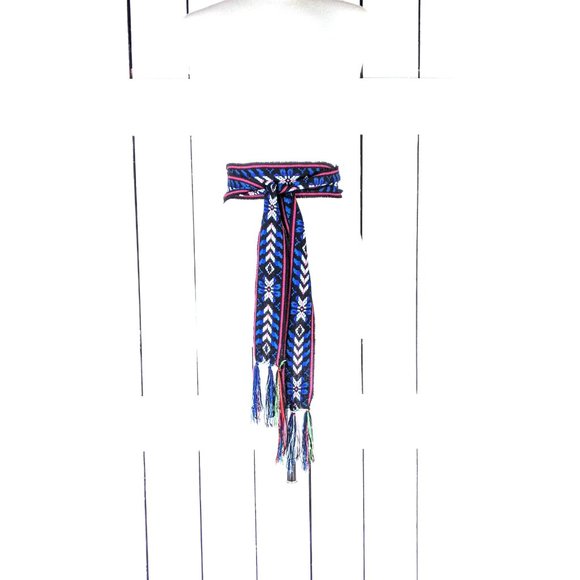 Woven embroidered Ikat tribal fabric long sash necklace choker scarf belt main image 6